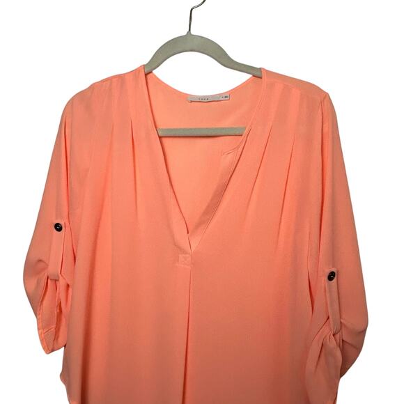 Lush Flowy Blouse M Peach Coral V Neck 3/4 Sleeve Lightweight Work Casual Top - Picture 10 of 10